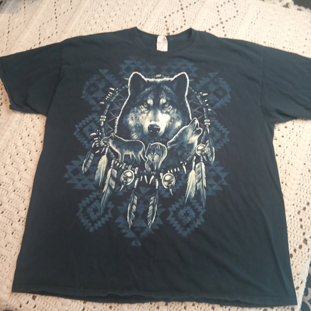Vtg 90s Fruit Of The Loom Wolf Graphic Tee Shirt Mens 2XL Nature Aztec Native - Picture 2 of 8